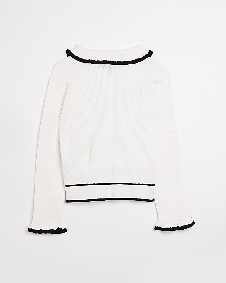 Girls white ribbed knitted collar cardigan