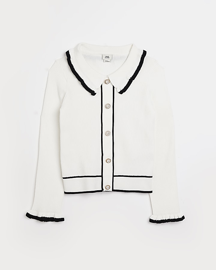 Girls white ribbed knitted collar cardigan