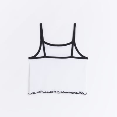 Girls White Ribbed Slogan crop Cami Top