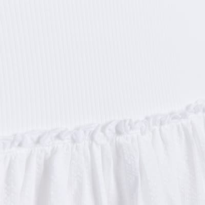 Girls White Ribbed Tiered Skater Dress