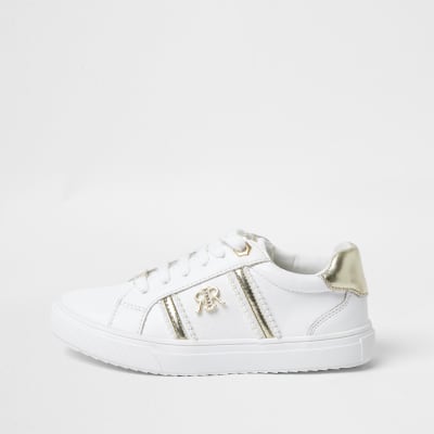 Girls white RIR pearl trim trainers | River Island