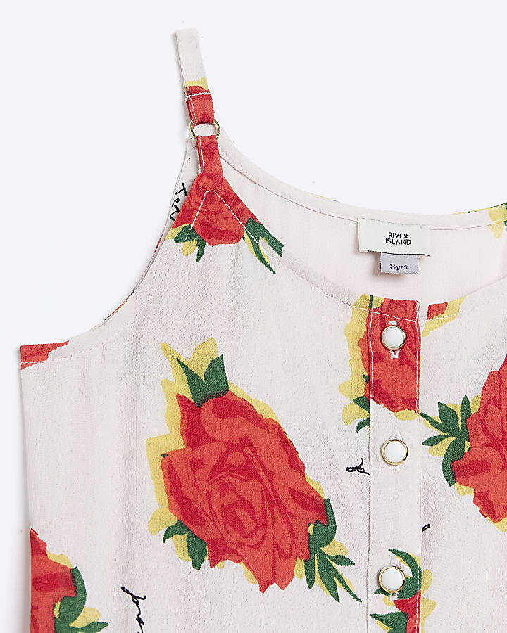 Girls white rose print jumpsuit
