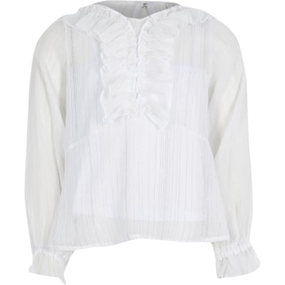 Girls white ruffle peplum blouse | River Island
