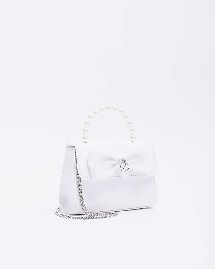 Girls white satin bow satchel bag