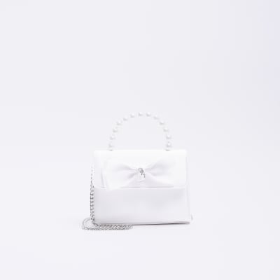Girls white satin bow satchel bag