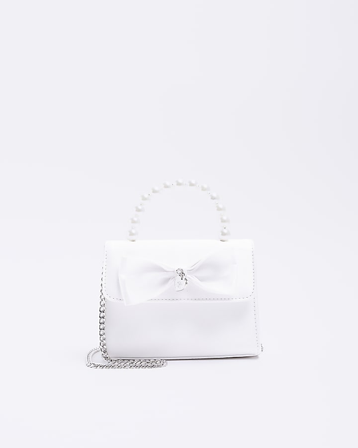 Girls white satin bow satchel bag