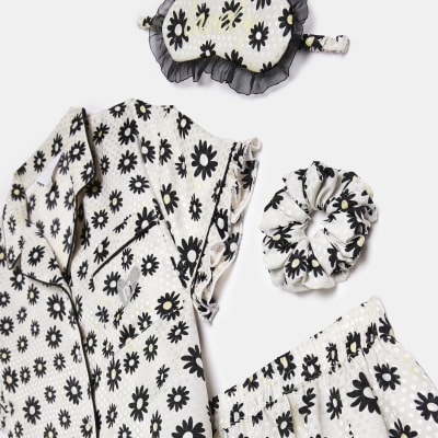 Girls White Satin Floral Pyjamas Gift Set
