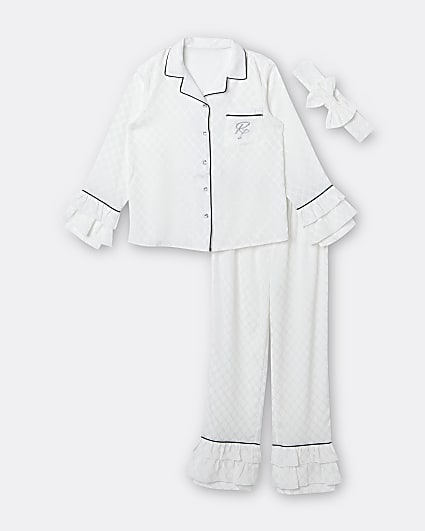 Girls white satin RI monogram pyjama set