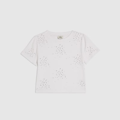 Girls White Scattered Embellished T-Shirt