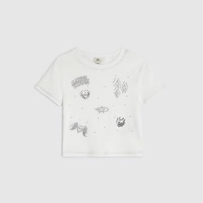 Girls White Sequin Angel Embroidered T-Shirt