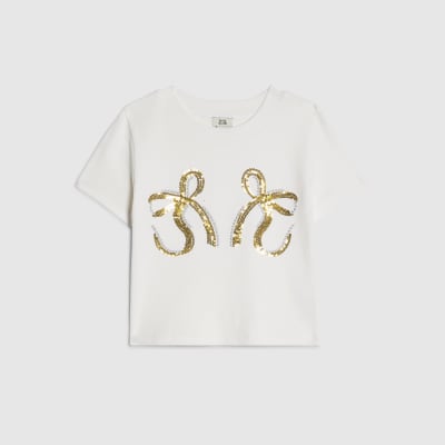 Girls White Sequin Bow T-Shirt