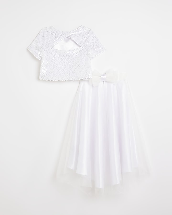 Girls white sequin embellished skirt set