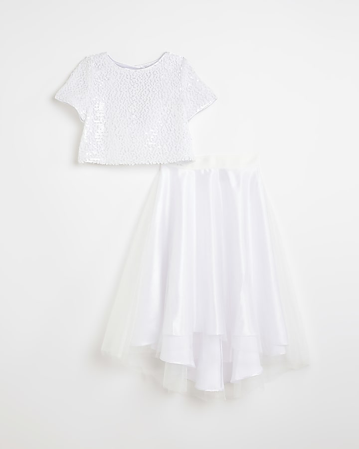 Girls white sequin embellished skirt set
