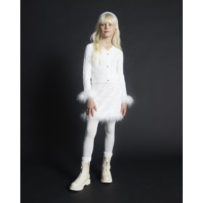 Girls White Sequin Feather Skirt Set