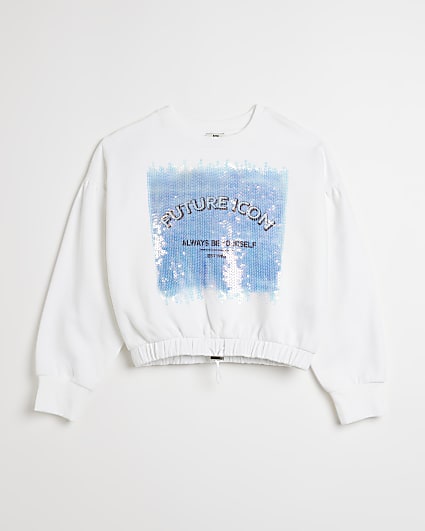 Girls White sequin Graphic cinch Sweatshirt