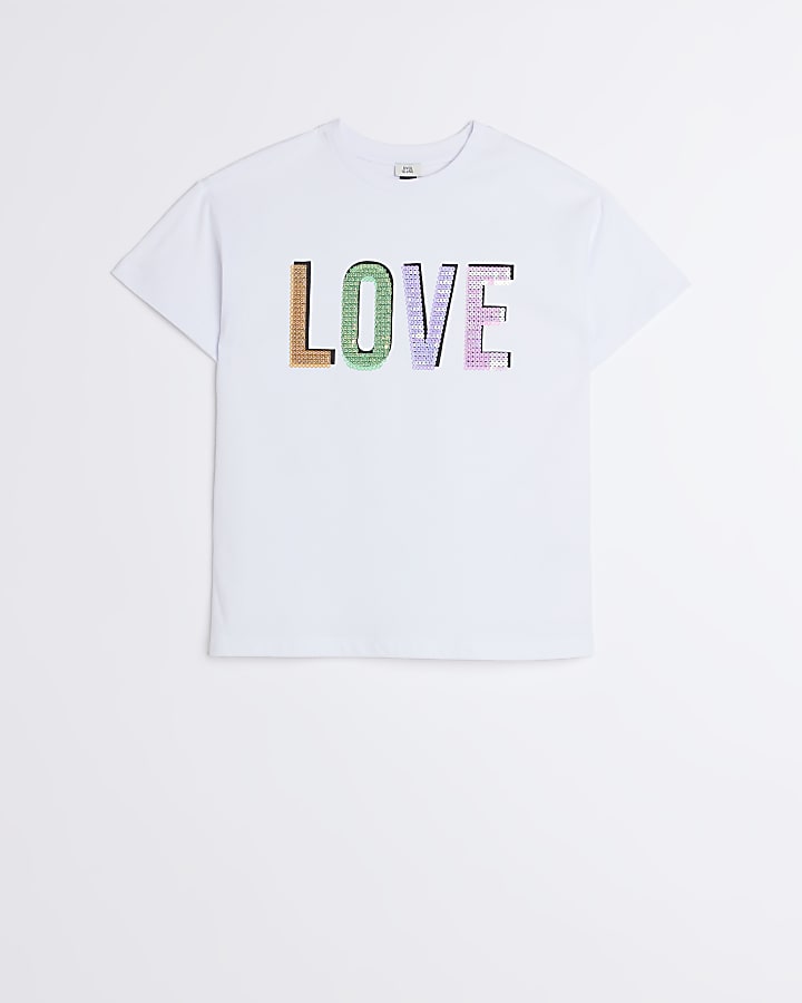 Girls White Sequin Love Graphic  T-shirt