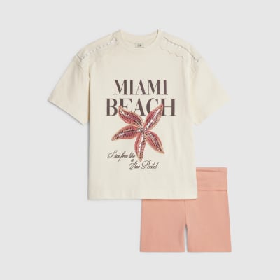 Girls White Sequin Miami Beach T-Shirt Set