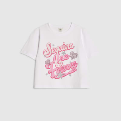 Girls White Sequins Are Forever Boxy T-shirt