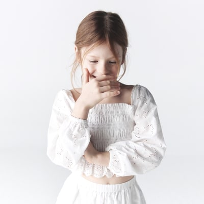 Girls white Shirred Broderie Skirt Set