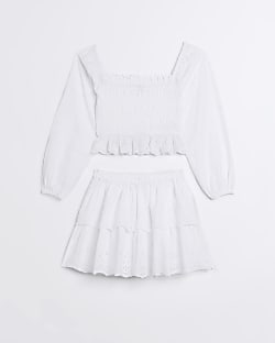 Girls white Shirred Broderie Skirt Set
