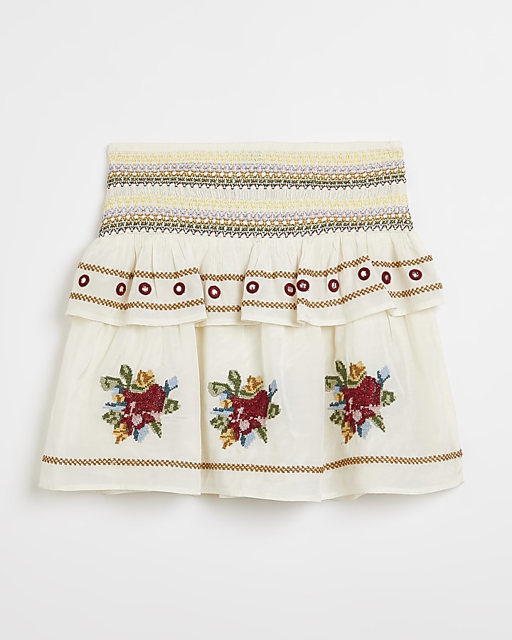 Girls white shirred floral embroidered skirt