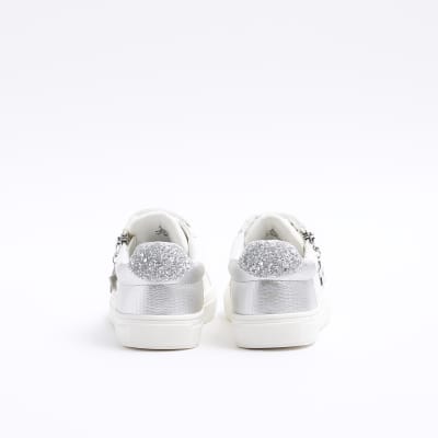 Girls white side zip glitter trainers River Island