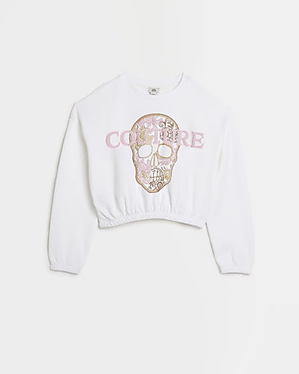 Girls white skull 'Couture' cinch sweatshirt