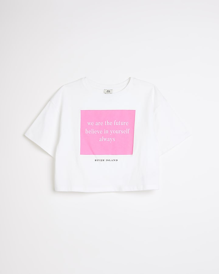 Girls white slogan printed t-shirt