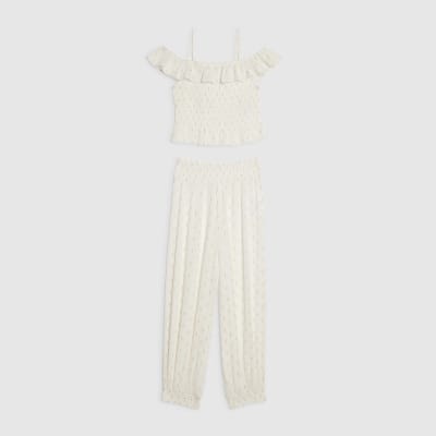 Girls White Spot Print Cami & Trouser Set