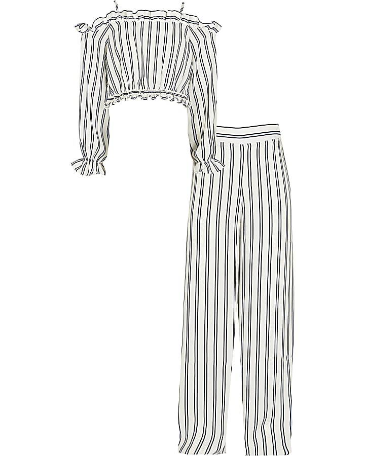 Girls white stripe bardot top and trouser set