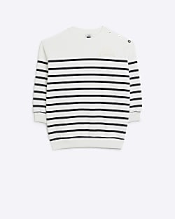 Girls White Striped Button Sweatshirt