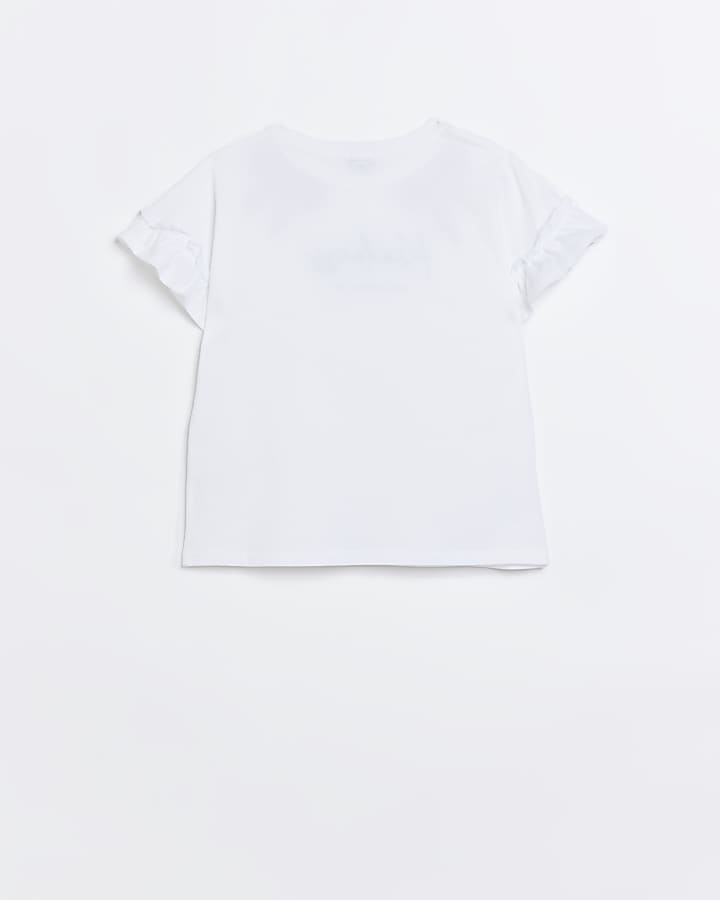Girls White Studded Bow Frill Sleeve T-shirt