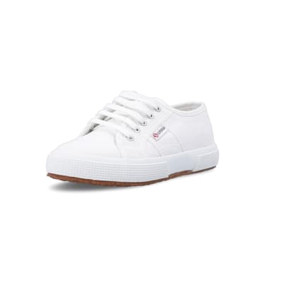 360 degree animation of product Girls white Superga lace up canvas trainers frame-0
