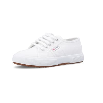 360 degree animation of product Girls white Superga lace up canvas trainers frame-1