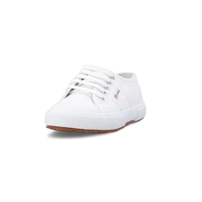 360 degree animation of product Girls white Superga lace up canvas trainers frame-23