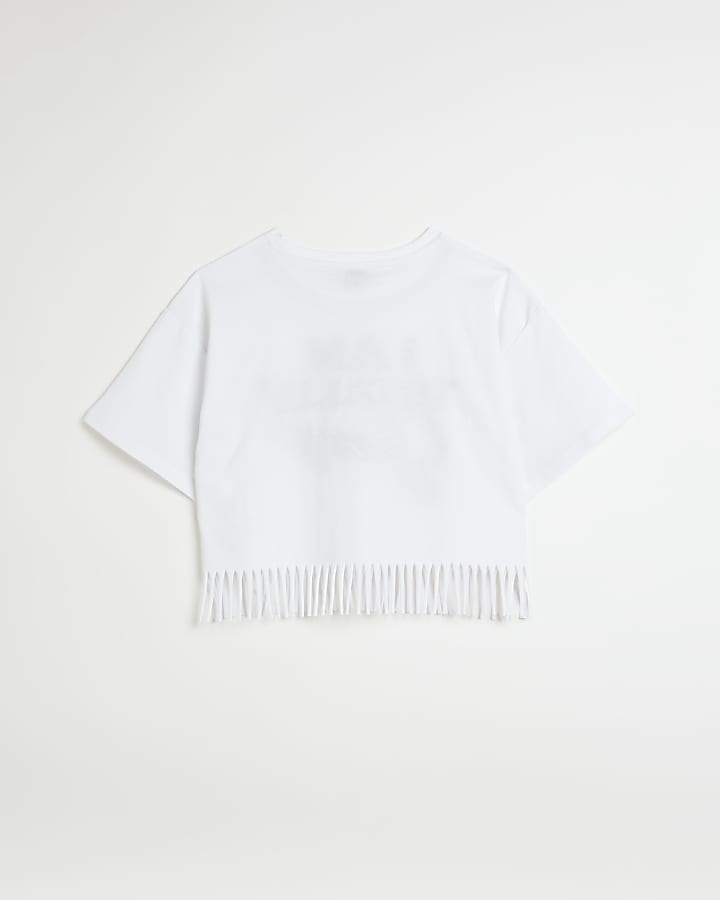 Girls white tassel studded printed t-shirt