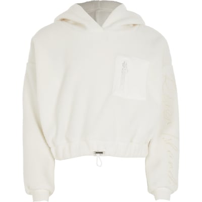 Girls white teddy borg cinch hoodie | River Island