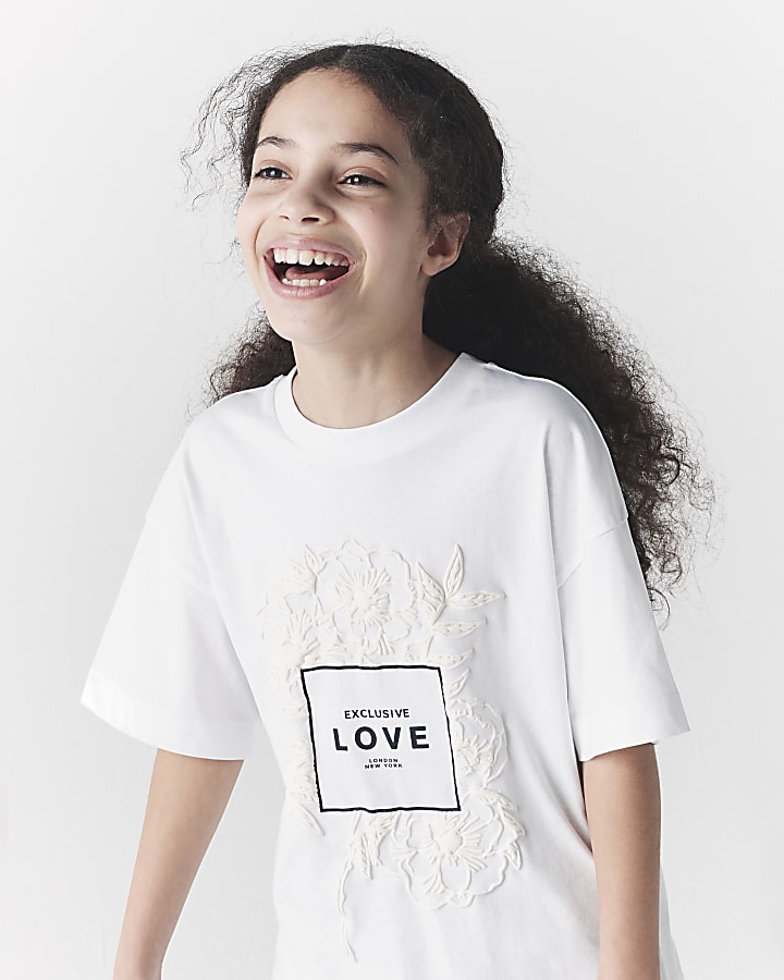 Girls white textured floral graphic t-shirt