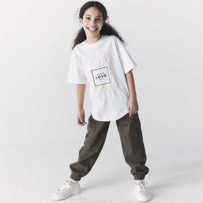 Girls white textured floral graphic t-shirt