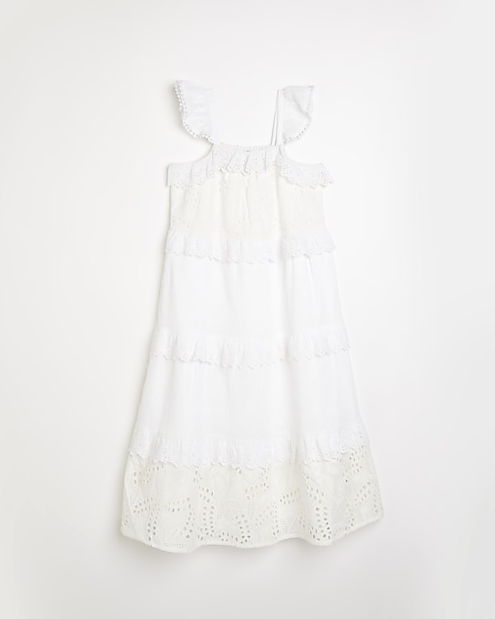 Girls white tiered broderie maxi dress