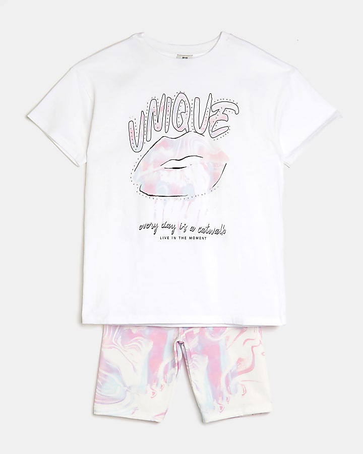 Girls white 'Unique' marble print outfit