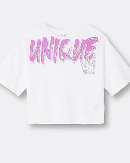 Girls white 'Unique' slogan t-shirt
