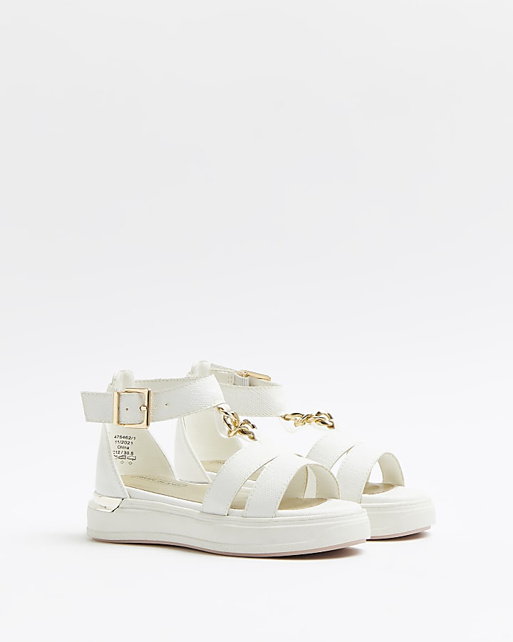 Girls white wedge caged sandals