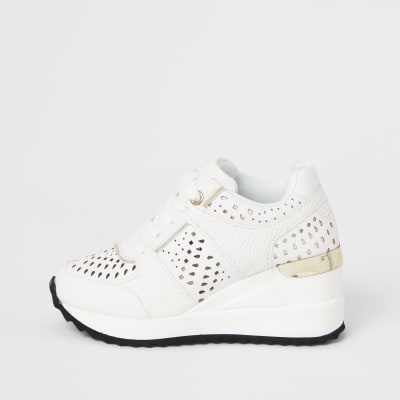 Girls white wedge lace up trainer 