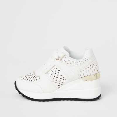 Girls white wedge lace up trainer | River Island