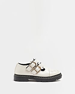 Girls White wide fit Double Buckle shoes