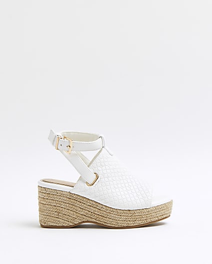 Girls white wide fit embossed wedge sandals
