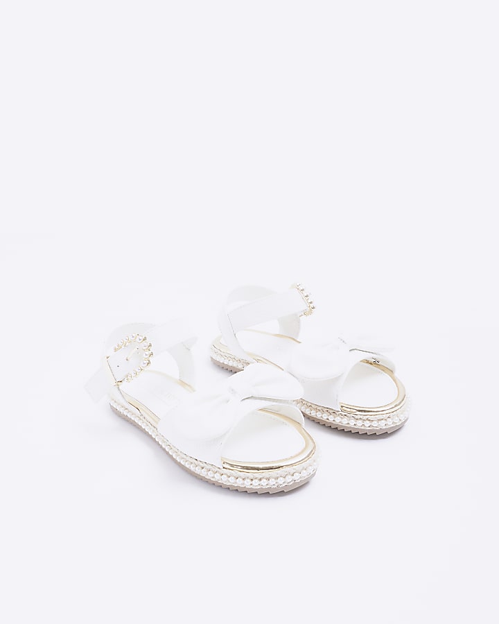 Girls White Wide Fit Pearl Bow Sandals
