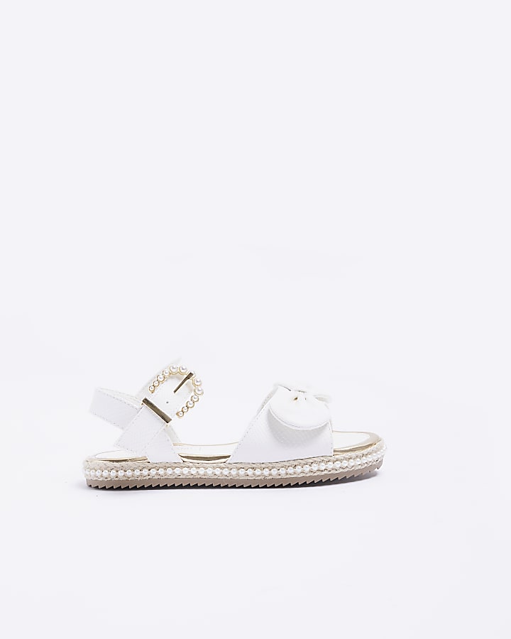 Girls White Wide Fit Pearl Bow Sandals