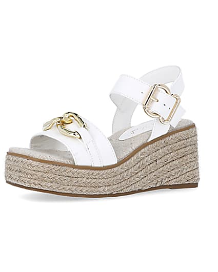 360 degree animation of product Girls white wide fit wedge sandals frame-1